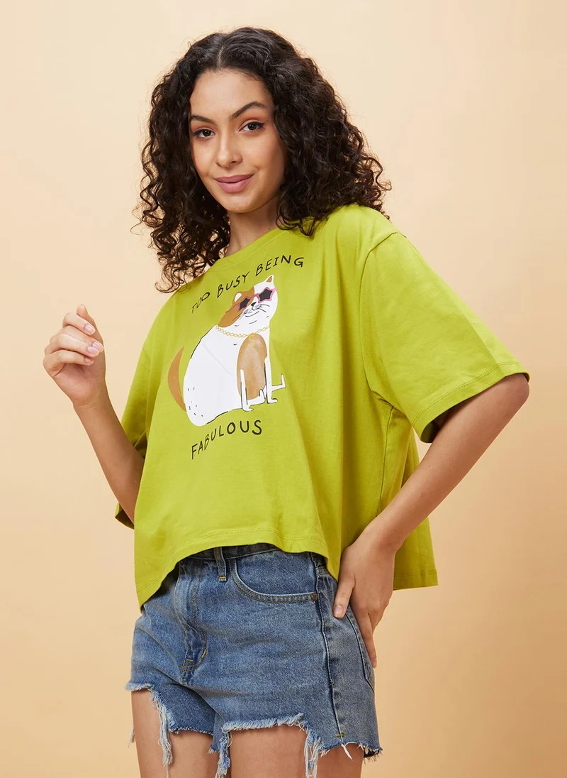 globus Globus Women Drop Shoulder Graphic Printed Oversized Crop T-Shirt
