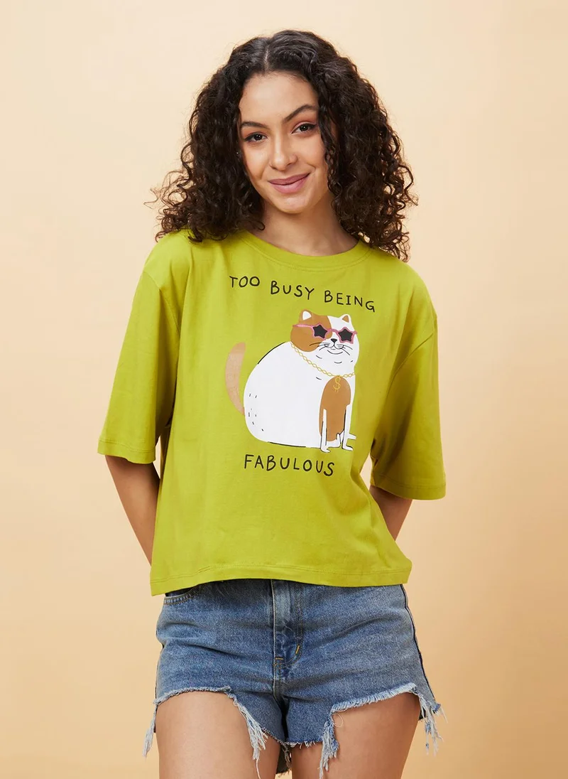 globus Globus Women Drop Shoulder Graphic Printed Oversized Crop T-Shirt