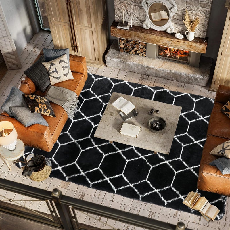 ONASAR Area Rugs for Bedroom Living Room, Fluffy 4x6 Black and White Rug, Geometric Shaggy Plush Bedside Indoor Floor Carpet for Nursery Kids Teens Girls Boys Dorm Home Office Decor - Image 3