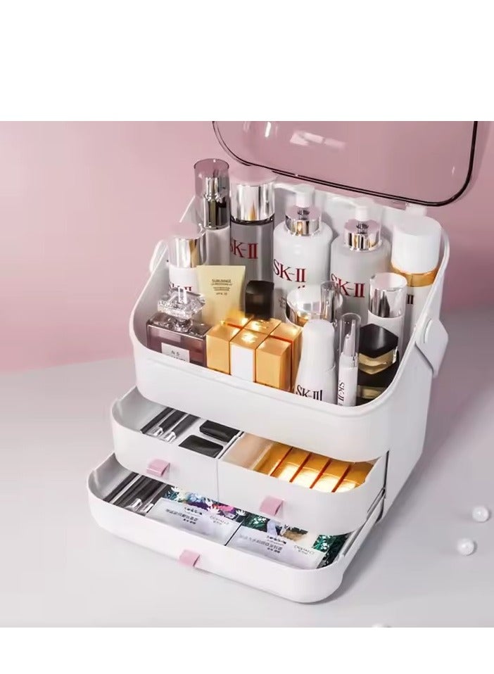 Cosmetic storage box skin care storage box, dustproof large capacity drawer storage box, PET mask dressing table storage rack with three-layer storage box and brush storage box cosmetic display box, - Image 1