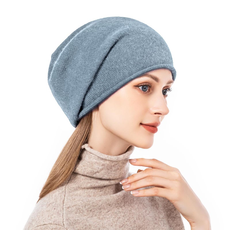 QUEENFUR Knit Slouchy Beanie Hats for Women Cashmere Ski Cap Knitted Wool Soft Warm Winter Hat (A16-Blue) - Image 3