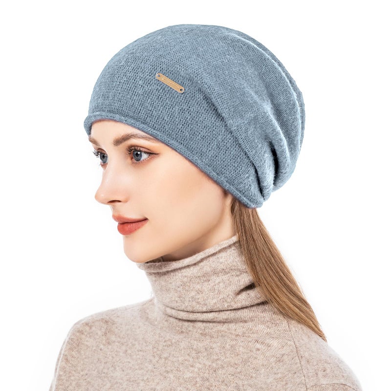 QUEENFUR Knit Slouchy Beanie Hats for Women Cashmere Ski Cap Knitted Wool Soft Warm Winter Hat (A16-Blue) - Image 2