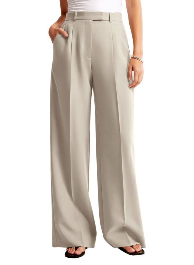 NIMIN Women Wide Leg Pants High Waisted Business Casual Work Trousers Dressy Pants with Pockets, Apricot, S Long - Image 2