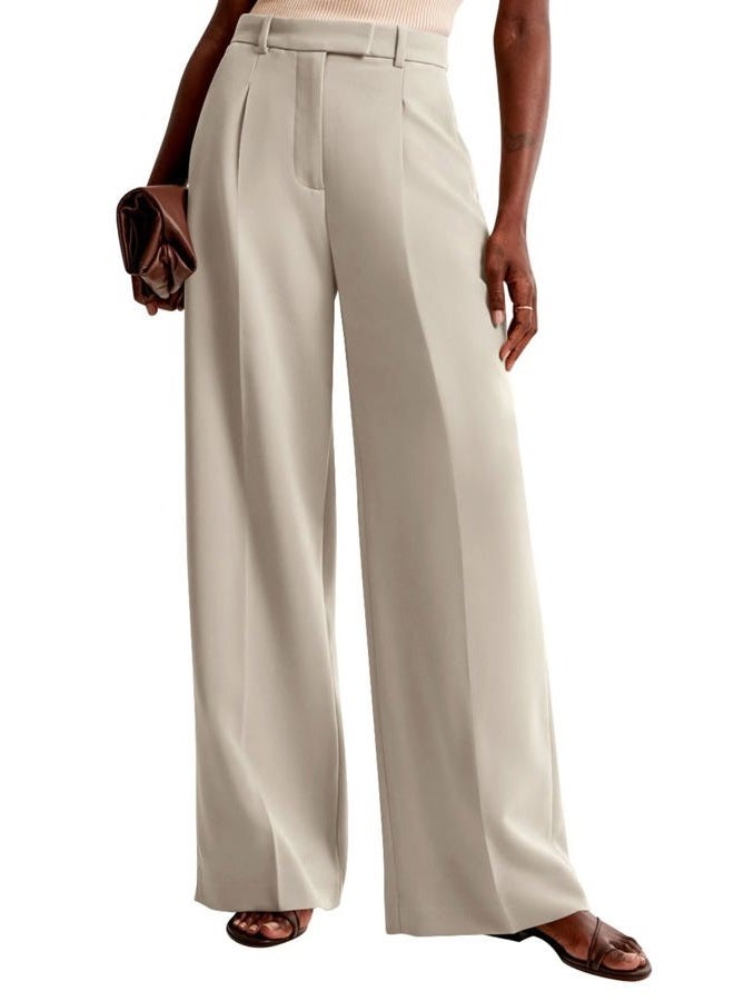 NIMIN Women Wide Leg Pants High Waisted Business Casual Work Trousers Dressy Pants with Pockets, Apricot, S Long - Image 3