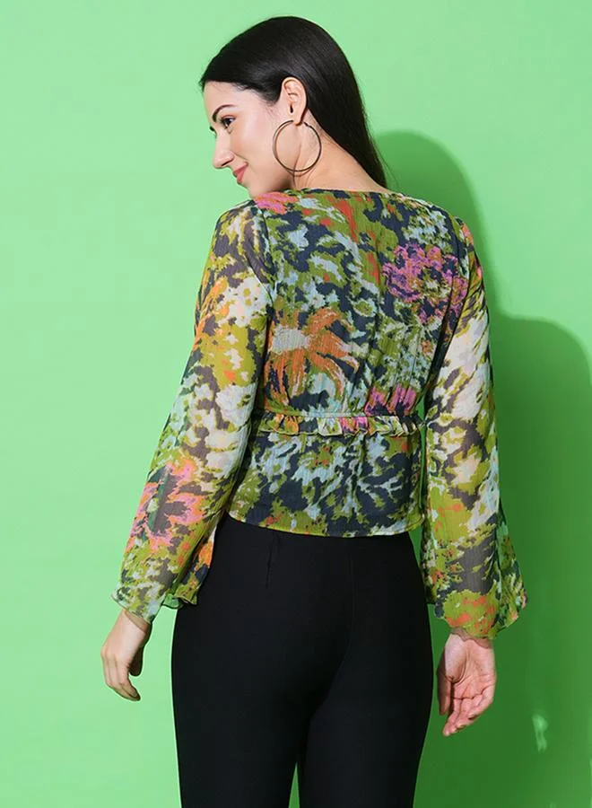 globus Floral Print Flared Sleeves V-Neck Top