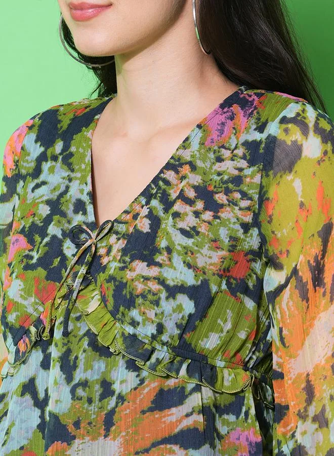 globus Floral Print Flared Sleeves V-Neck Top