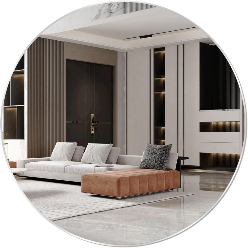 QEEYON مرآة حائط دائرية مقاس 16 بوصة ذاتية اللصق، مرآة زجاجية عالية الوضوح كبيرة، مرآة حائط كبيرة للمكياج، مرآة حائط بدون إطار للزينة، مناسبة للحمام وغرفة النوم وغرفة المعيشة والباب وغيرها - Image 1