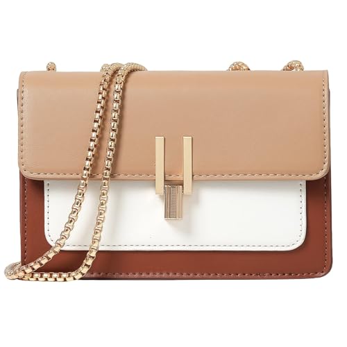 TOP BAND Crossbody Bags Cute Faux Leather Trendy Cross Body Bag for Women Small Color-Block Designer Handbags Ladies Satchel Chain Strap Shoulder Bag Brown Beige - Image 2