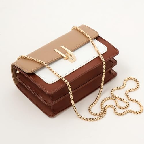 TOP BAND Crossbody Bags Cute Faux Leather Trendy Cross Body Bag for Women Small Color-Block Designer Handbags Ladies Satchel Chain Strap Shoulder Bag Brown Beige - Image 3