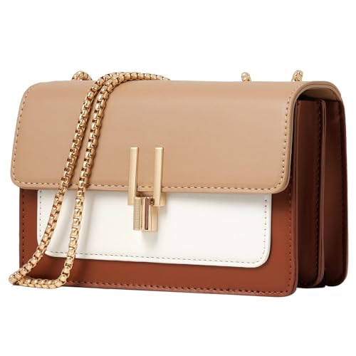 TOP BAND Crossbody Bags Cute Faux Leather Trendy Cross Body Bag for Women Small Color-Block Designer Handbags Ladies Satchel Chain Strap Shoulder Bag Brown Beige - Image 1