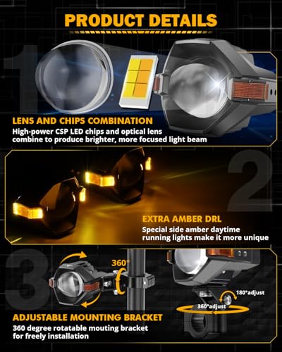 Auxbeam Motorcycle LED Fog Lights Auxiliary Lights Driving Light Spotlights 8 Modes WhiteAmber Dual Color Strobe Switchback 3 Inch 120W LED Offroad Work Light for Motorcycle ATV UTV Trucks 2Pcs - Image 3