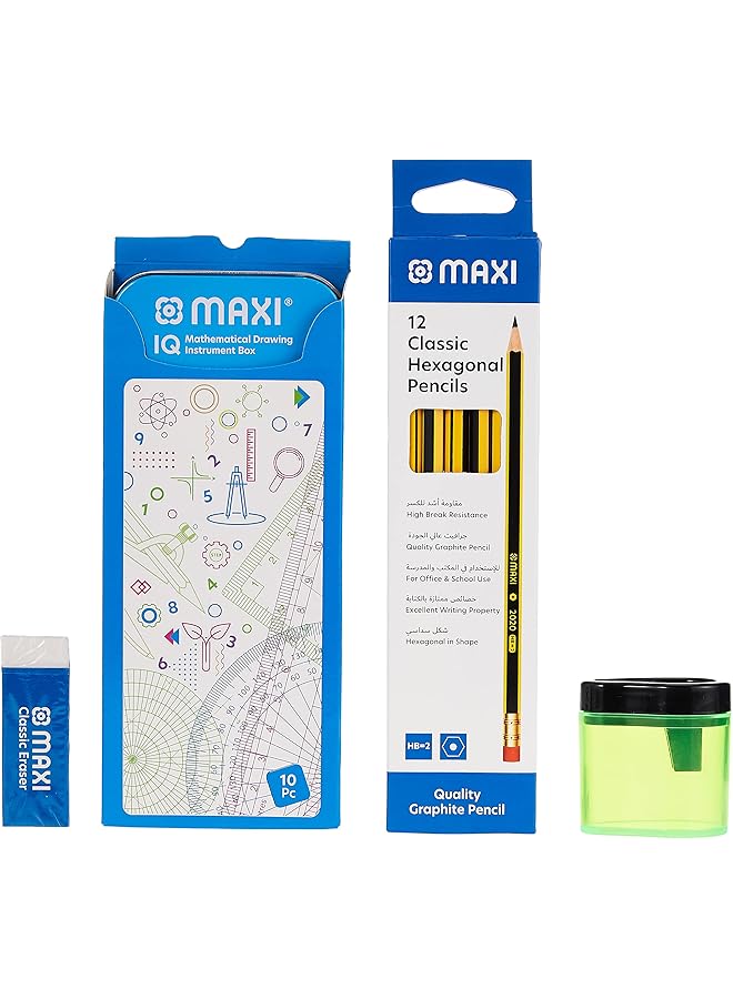 Maxi Writing Combo Pack Prm1 Geometry Box 10Pcs Set+Graphite Pencil Hb 12X1Box+Plastic Container Sharpener+Dust Free Eraser Assorted Mx Prm2022 1 - Image 1