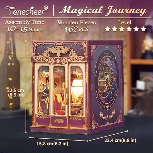 Tonecheer DIY Book Nook Kit for Adults Miniature Infinity Train Cabin Magical Vintage Carriage Model Wooden 3D Puzzle Dollhouse Booknook Decorative Bookend Gifts Magical Journey - Image 5
