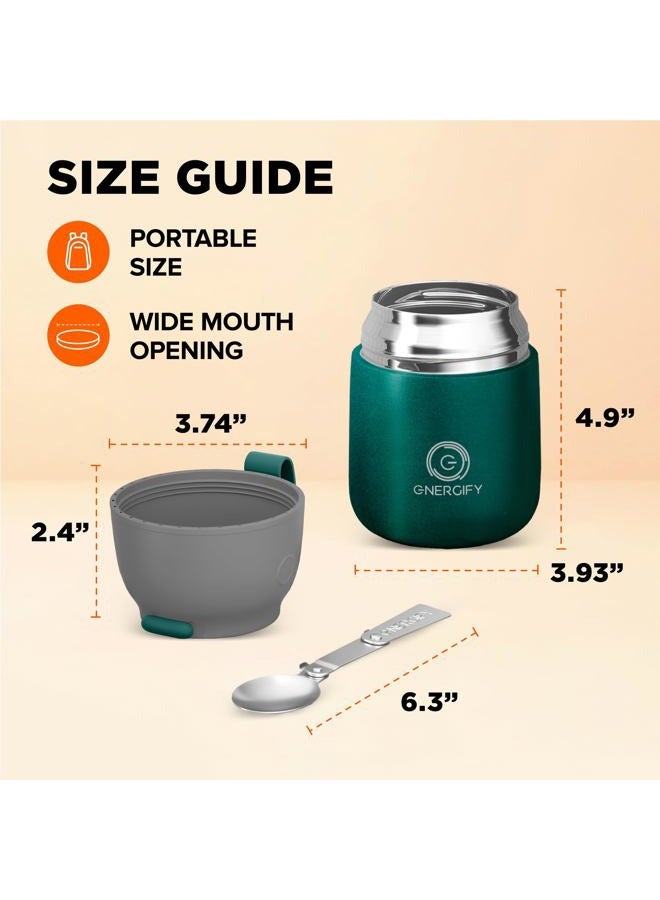 ENERGIFY Vacuum Insulated Food Jar. Large 17oz Bowl incl. Folding Spoon, Cup. Wide Mouth Keep Hot & Cold Drinks Soup Lunch Container for Adults. BPA-Free Stainless Steel, Proof Brilliant Green - Image 4