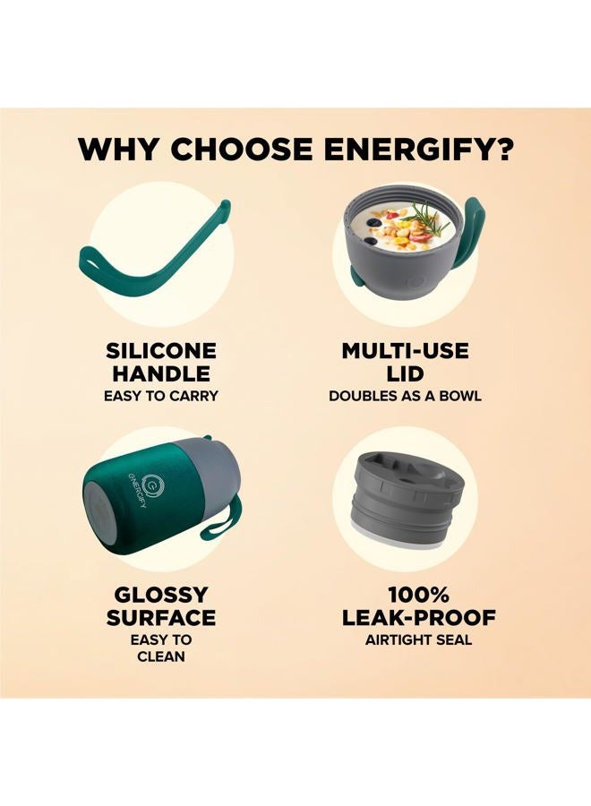 ENERGIFY Vacuum Insulated Food Jar. Large 17oz Bowl incl. Folding Spoon, Cup. Wide Mouth Keep Hot & Cold Drinks Soup Lunch Container for Adults. BPA-Free Stainless Steel, Proof Brilliant Green - Image 5