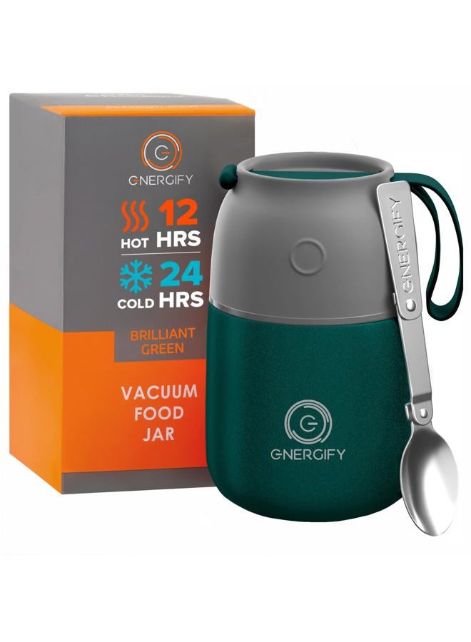 ENERGIFY Vacuum Insulated Food Jar. Large 17oz Bowl incl. Folding Spoon, Cup. Wide Mouth Keep Hot & Cold Drinks Soup Lunch Container for Adults. BPA-Free Stainless Steel, Proof Brilliant Green - Image 1