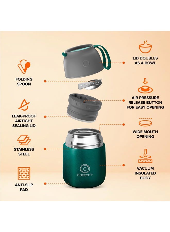 ENERGIFY Vacuum Insulated Food Jar. Large 17oz Bowl incl. Folding Spoon, Cup. Wide Mouth Keep Hot & Cold Drinks Soup Lunch Container for Adults. BPA-Free Stainless Steel, Proof Brilliant Green - Image 2