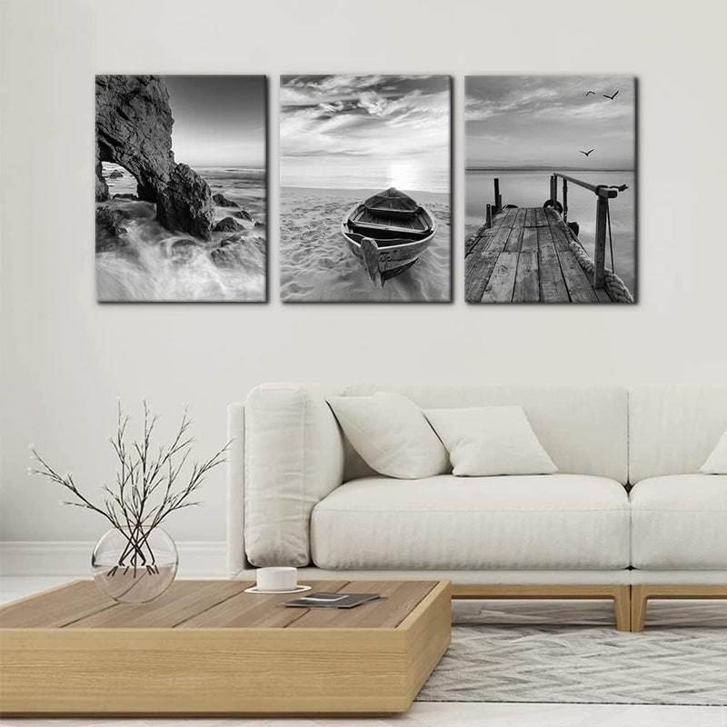 EMODA 3 Panels Set Framed Canvas Wall Art Print for Seascape Beach and Boat Sunrise Scenery Black and White Giclee Canvas Print Modern Artwork for Wall Decor Ready to Hang - 12" x 16" x 3 - Image 2