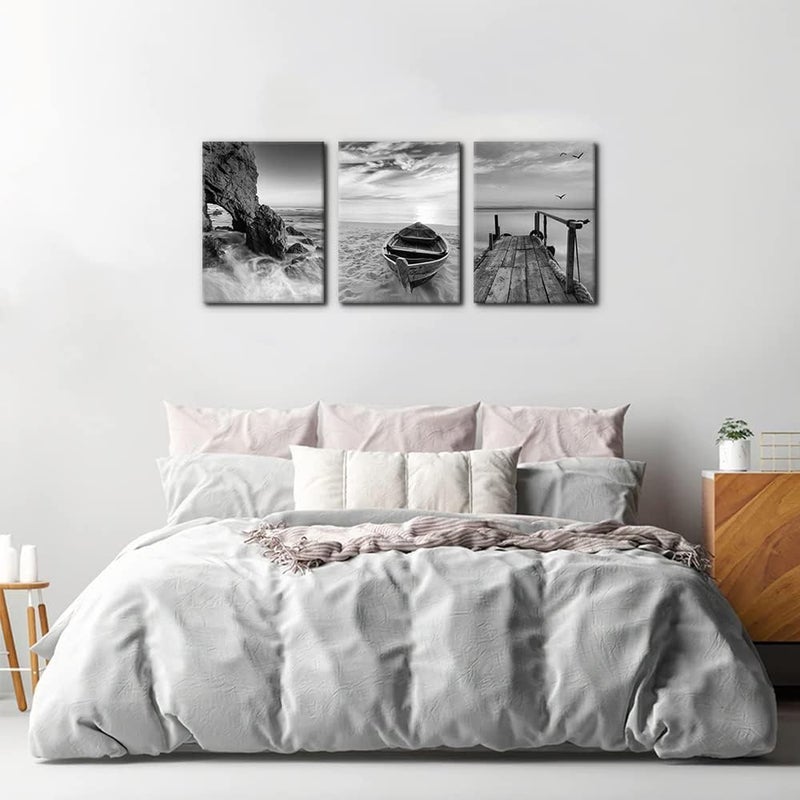 EMODA 3 Panels Set Framed Canvas Wall Art Print for Seascape Beach and Boat Sunrise Scenery Black and White Giclee Canvas Print Modern Artwork for Wall Decor Ready to Hang - 12" x 16" x 3 - Image 4