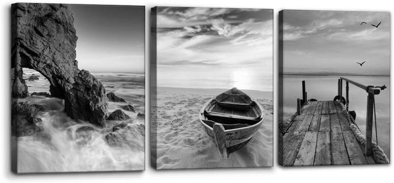 EMODA 3 Panels Set Framed Canvas Wall Art Print for Seascape Beach and Boat Sunrise Scenery Black and White Giclee Canvas Print Modern Artwork for Wall Decor Ready to Hang - 12" x 16" x 3 - Image 1