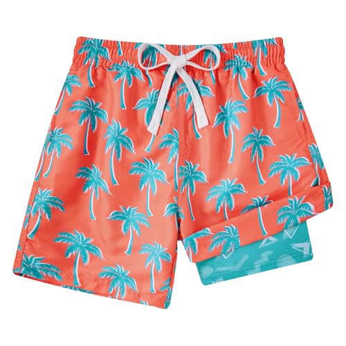 Cozople Boy's Palm Tree Graphic Swimming Trunks with Compression Liner Quick Dry Bathing Suit Anti Chafe Swimsuit Swim Shorts for Big Boys No Mesh Lining Beach Board Shorts with Pockets - Image 1
