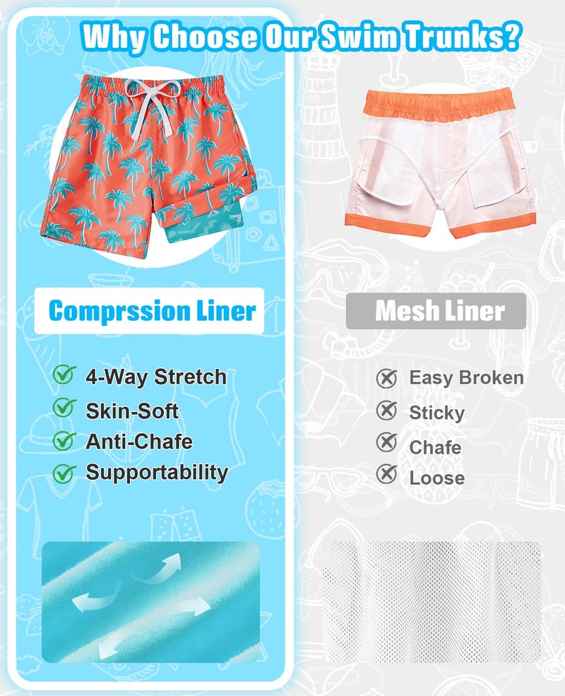 Cozople Boy's Palm Tree Graphic Swimming Trunks with Compression Liner Quick Dry Bathing Suit Anti Chafe Swimsuit Swim Shorts for Big Boys No Mesh Lining Beach Board Shorts with Pockets - Image 5