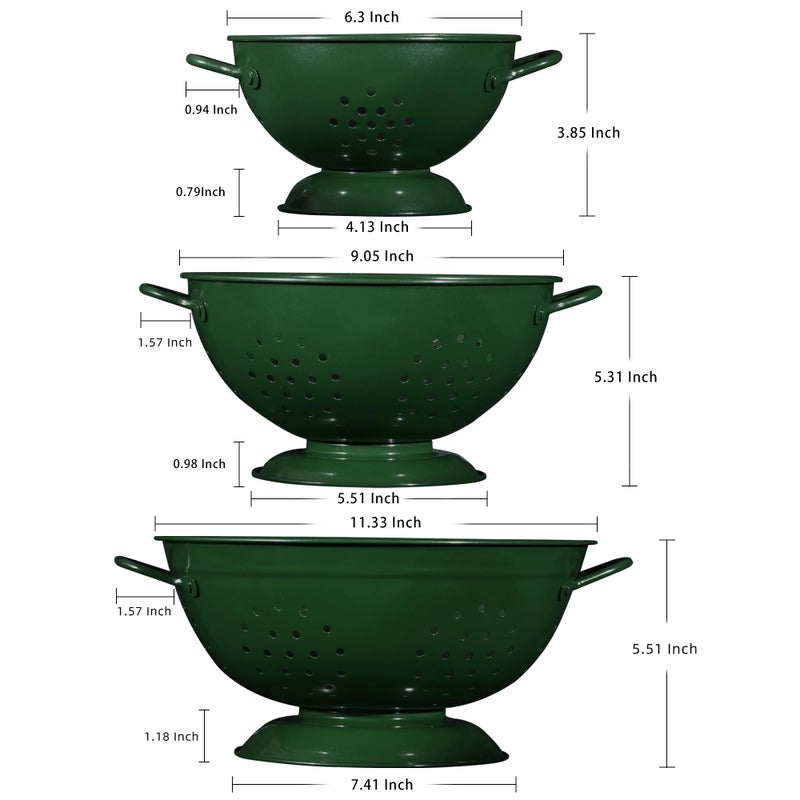 BeFare Metal Colander Set of 3, Strainer Basket with Handles perfect for Spaghetti, Pasta, Berry, Vegetable, Fruit, Solid Base Powder Coated Kitchen Essential Strainer Set, 1 & 3.5 & 5 Qt (Dark Green) - Image 2