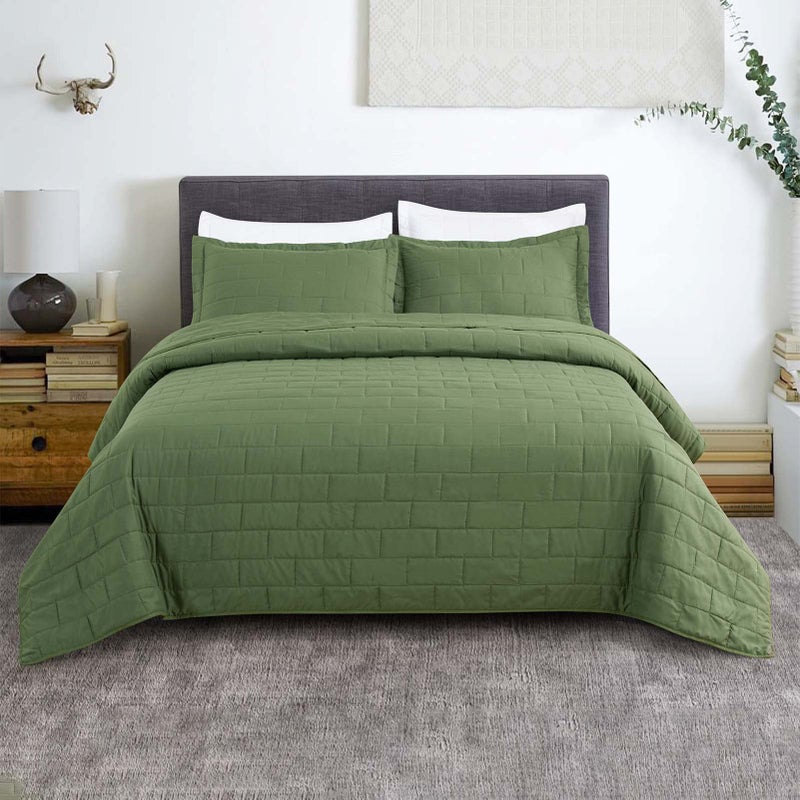 Hygge Hush Hygge Hush Summer Quilt Set  Full Queen Size Olive Green Rectangle Pattern 3 Pieces Quilt Set  Oversized Modern Style Bedspread Set for All Season (1 Quilt & 2 Pillow Shams) 