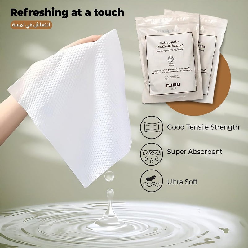 Tamdod Multi-Use Wet Wipes - Natural Cotton with Antibacterial Tea Tree and Lavender Formula | Hydrating Wipes Infused with Vitamin E | 20 Count Pack for Travel and Hygiene - Image 3