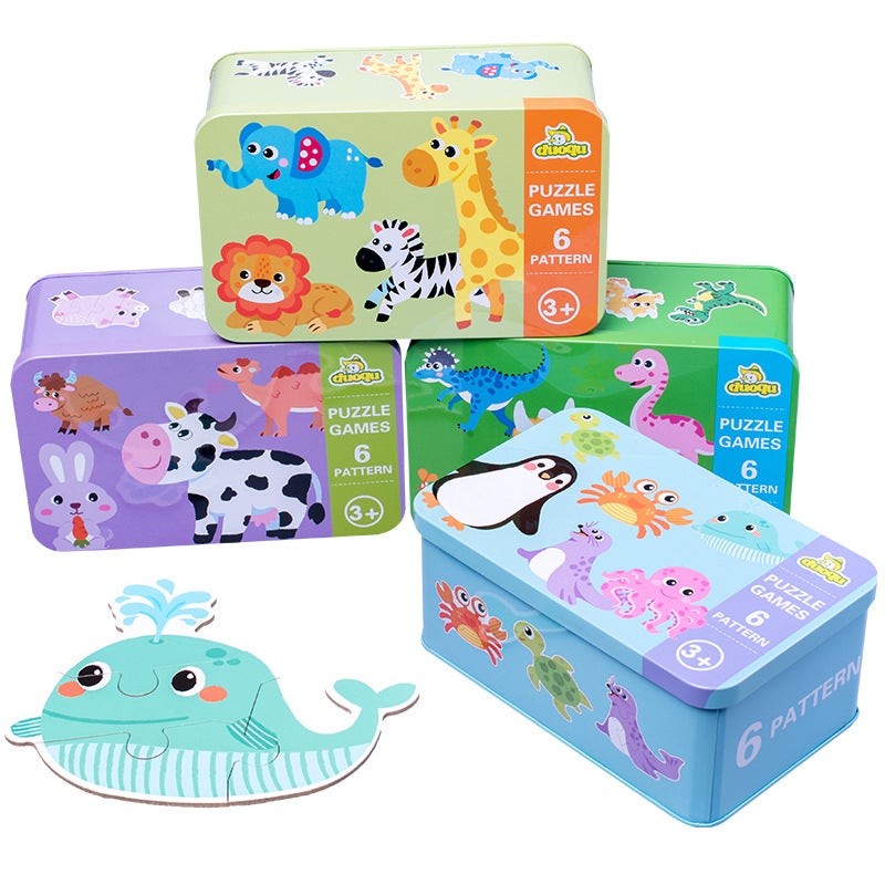 Shake The Sound Of The Same Six-In-One Large Iron Box Animal Jigsaw Puzzle Children'S Puzzle Wooden Early Education Toys - Image 5
