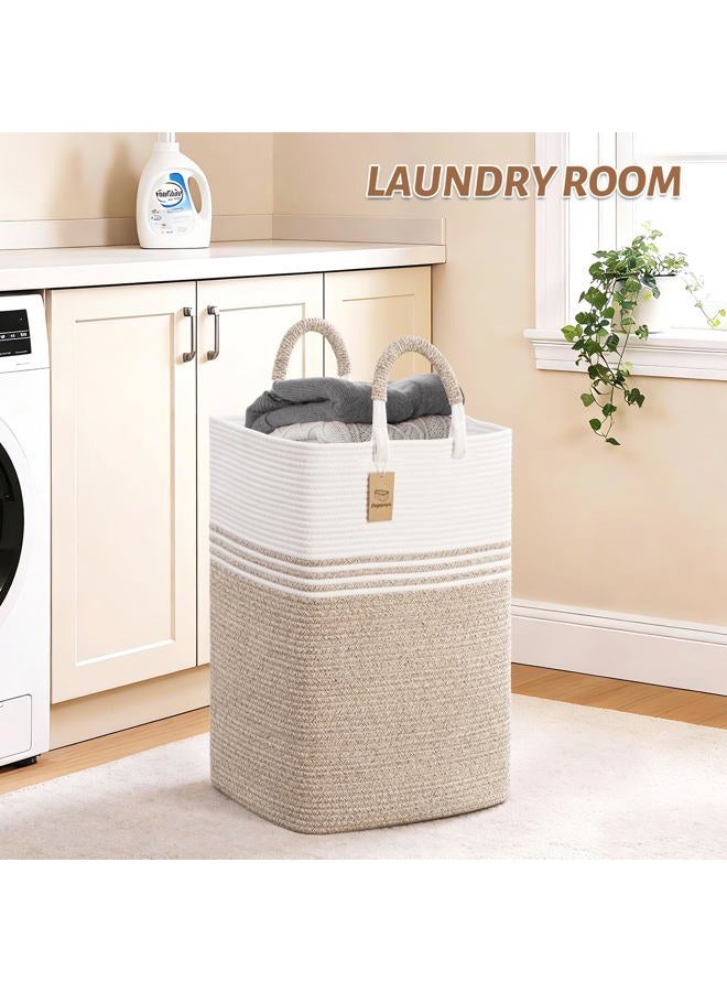 Degeyoyo Laundry Basket Hamper,Blanket Storage,Dirty Clothes Hamper with Swivel Handles,Woven Cotton Rope Toy Baskets,Blanket Basket Living Room,Decorative Hampers for Nursery,Bedroom,White & Linen,60L - Image 3