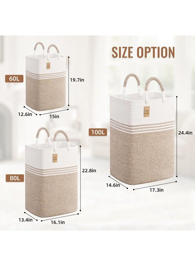 Degeyoyo Laundry Basket Hamper,Blanket Storage,Dirty Clothes Hamper with Swivel Handles,Woven Cotton Rope Toy Baskets,Blanket Basket Living Room,Decorative Hampers for Nursery,Bedroom,White & Linen,60L - Image 5
