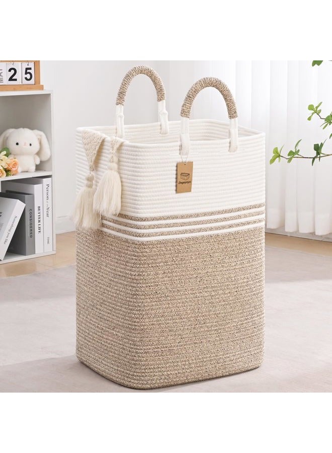 Degeyoyo Laundry Basket Hamper,Blanket Storage,Dirty Clothes Hamper with Swivel Handles,Woven Cotton Rope Toy Baskets,Blanket Basket Living Room,Decorative Hampers for Nursery,Bedroom,White & Linen,60L - Image 1