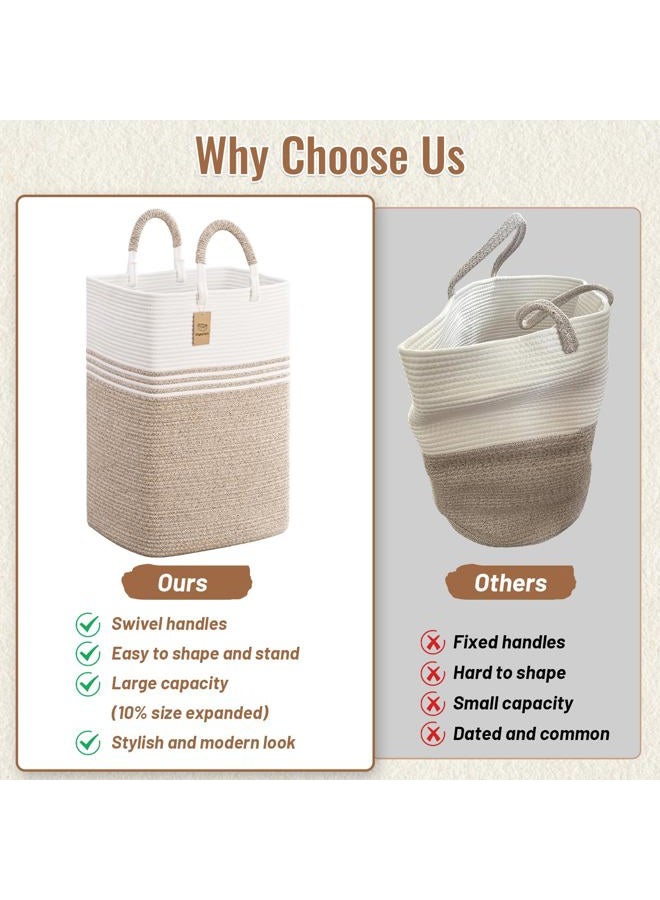 Degeyoyo Laundry Basket Hamper,Blanket Storage,Dirty Clothes Hamper with Swivel Handles,Woven Cotton Rope Toy Baskets,Blanket Basket Living Room,Decorative Hampers for Nursery,Bedroom,White & Linen,60L - Image 4