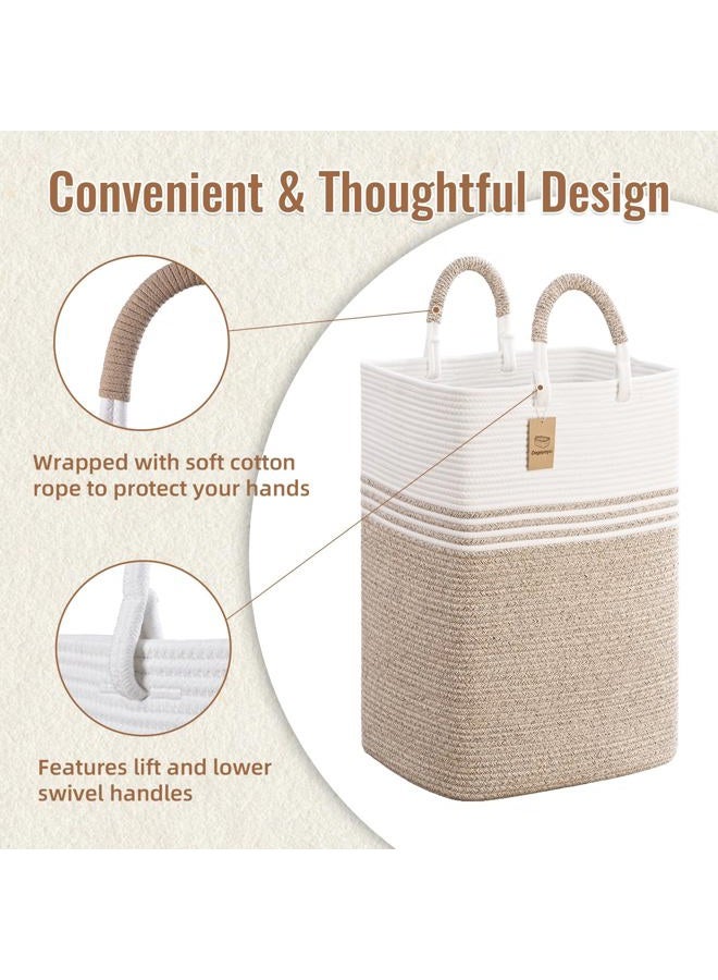 Degeyoyo Laundry Basket Hamper,Blanket Storage,Dirty Clothes Hamper with Swivel Handles,Woven Cotton Rope Toy Baskets,Blanket Basket Living Room,Decorative Hampers for Nursery,Bedroom,White & Linen,60L - Image 2