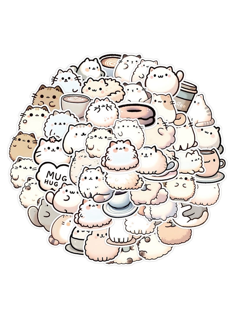 50-Piece Cute Cat and Coffee Stickers Pack Waterproof Animal Vinyl Stickers for Laptop - Image 2