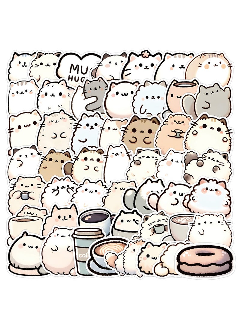 50-Piece Cute Cat and Coffee Stickers Pack Waterproof Animal Vinyl Stickers for Laptop - Image 1