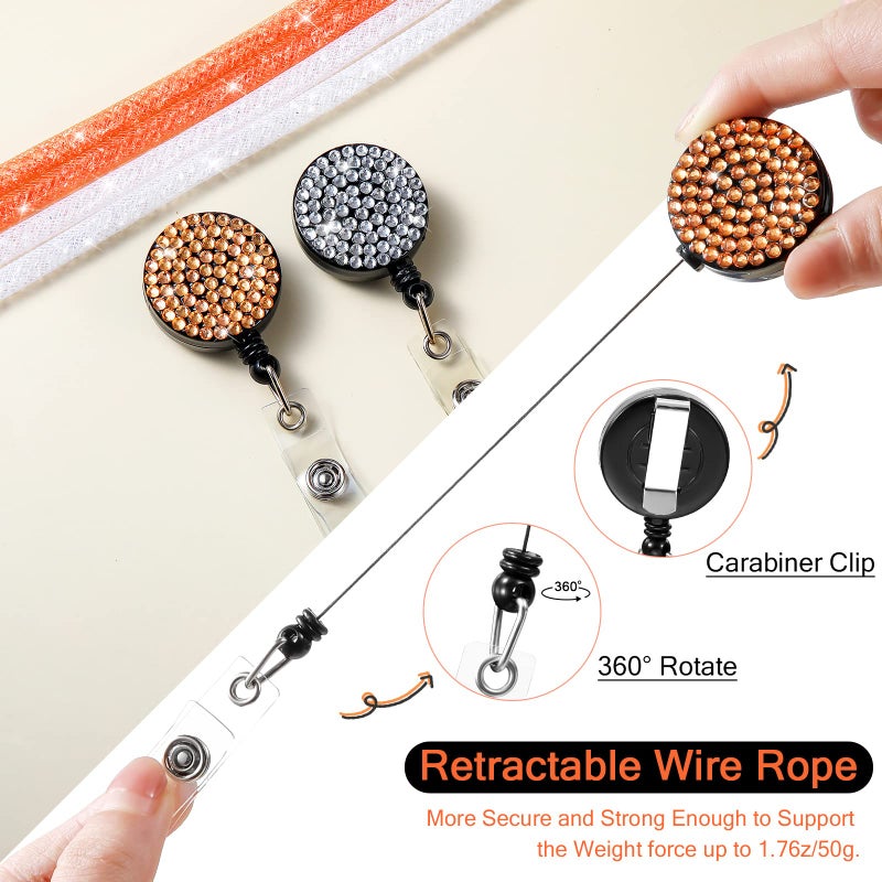 Chinco 2 Set Rhinestone Bling Lanyards for ID Badges Holder Crystal ID Card Holder Retractable Lanyard with Metal Clasp Key Ring for Women Office School Travel(White, Champagne) - Image 3