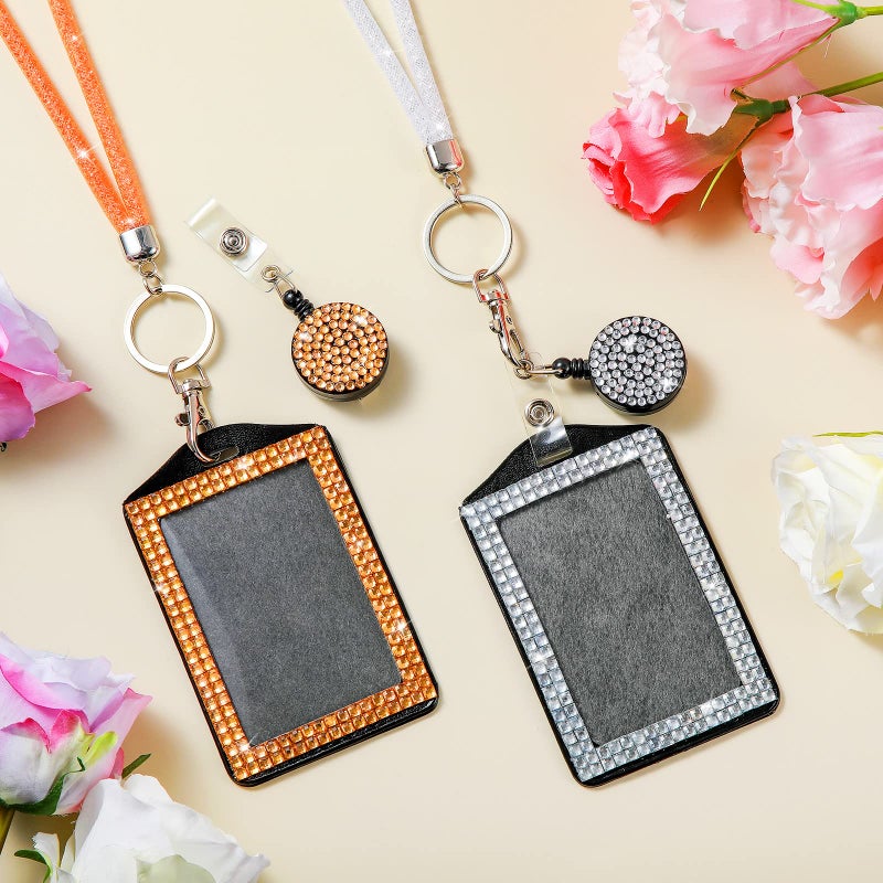 Chinco 2 Set Rhinestone Bling Lanyards for ID Badges Holder Crystal ID Card Holder Retractable Lanyard with Metal Clasp Key Ring for Women Office School Travel(White, Champagne) - Image 4