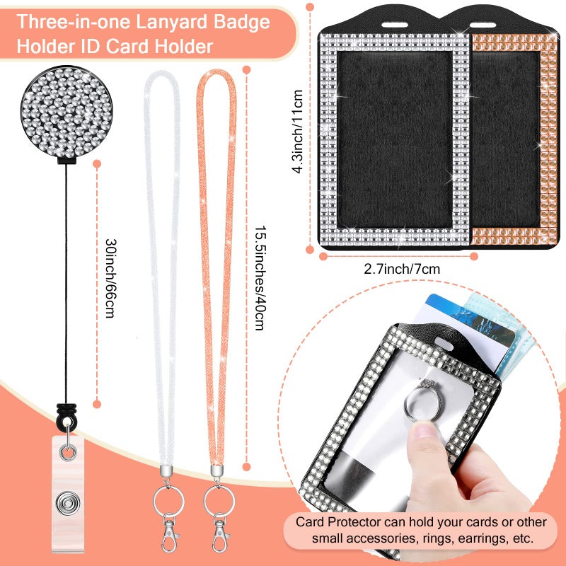 Chinco 2 Set Rhinestone Bling Lanyards for ID Badges Holder Crystal ID Card Holder Retractable Lanyard with Metal Clasp Key Ring for Women Office School Travel(White, Champagne) - Image 2