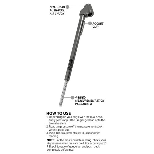 Slime مقياس ضغط الإطارات سلايم 2016-A، رأس مزدوج، قلم، 10-120 psi، يتضمن ملحقات الصمامات - Image 5