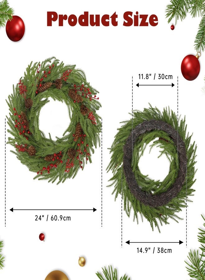 DILATATA 24 Inch Christmas Norfolk Pine Wreath for Front Door Artificial Christmas Wreath with Pinecones Red Berries Hanging Loop Green Fake Wreaths for Wall Window Porch Indoor Outdoor Xmas Décor - Image 2
