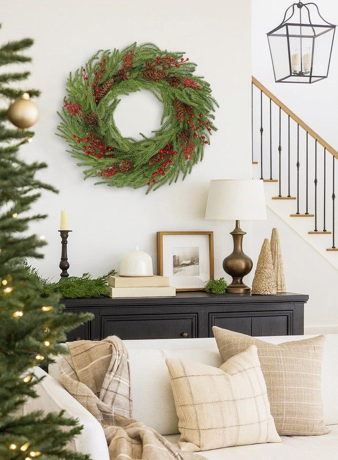 DILATATA 24 Inch Christmas Norfolk Pine Wreath for Front Door Artificial Christmas Wreath with Pinecones Red Berries Hanging Loop Green Fake Wreaths for Wall Window Porch Indoor Outdoor Xmas Décor - Image 5