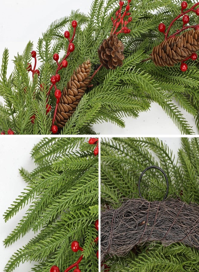 DILATATA 24 Inch Christmas Norfolk Pine Wreath for Front Door Artificial Christmas Wreath with Pinecones Red Berries Hanging Loop Green Fake Wreaths for Wall Window Porch Indoor Outdoor Xmas Décor - Image 3