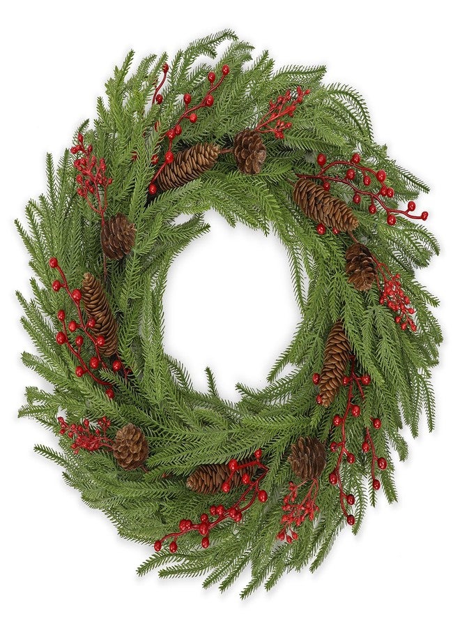 DILATATA 24 Inch Christmas Norfolk Pine Wreath for Front Door Artificial Christmas Wreath with Pinecones Red Berries Hanging Loop Green Fake Wreaths for Wall Window Porch Indoor Outdoor Xmas Décor - Image 1
