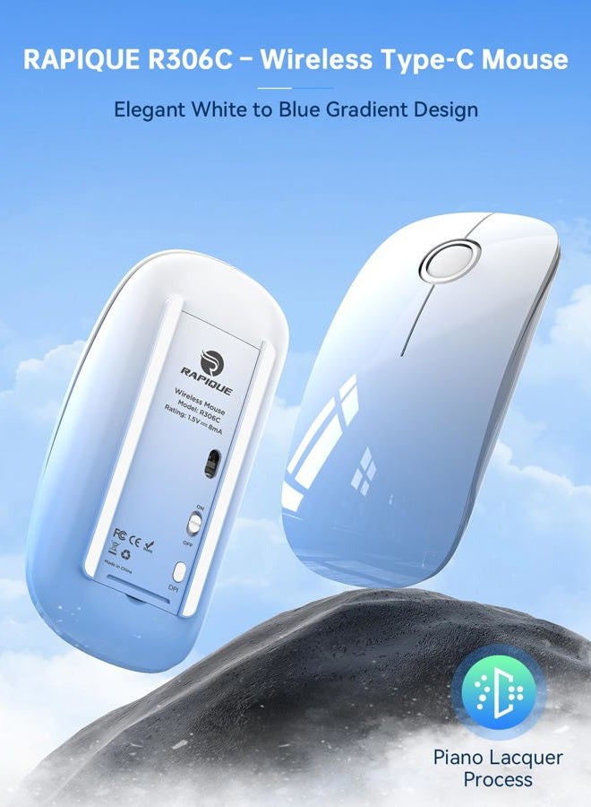 RAPIQUE USB C Wireless Mouse for Type-C Devices, Sky Blue Gradient Slim Mouse, Silent Click, 800/1200/1600 DPI, AA Battery Powered, Portable 2.4GHz Wireless Mouse for MacBook, iPad Pro, Laptop - Image 2
