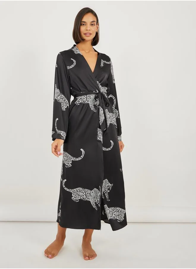 Styli Satin Jaguar Print Robe