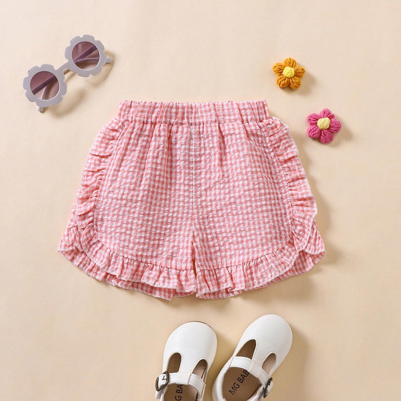 Nibbcoa Toddler Baby Girl Ruffle Shorts Gingham Plaid Elastic Waist Seersucker Shorts Pants Bottoms Casual Summer Outfit (Pink, 3-4 Years) - Image 2