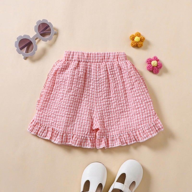 Nibbcoa Toddler Baby Girl Ruffle Shorts Gingham Plaid Elastic Waist Seersucker Shorts Pants Bottoms Casual Summer Outfit (Pink, 3-4 Years) - Image 3