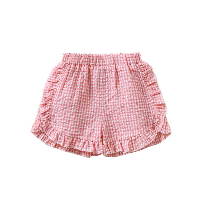 Nibbcoa Toddler Baby Girl Ruffle Shorts Gingham Plaid Elastic Waist Seersucker Shorts Pants Bottoms Casual Summer Outfit (Pink, 3-4 Years) - Image 1